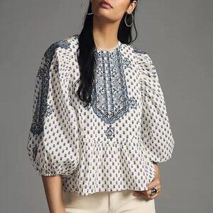 Anthropologie Embroidered Blue & White Printed Peplum Boho Top, XS